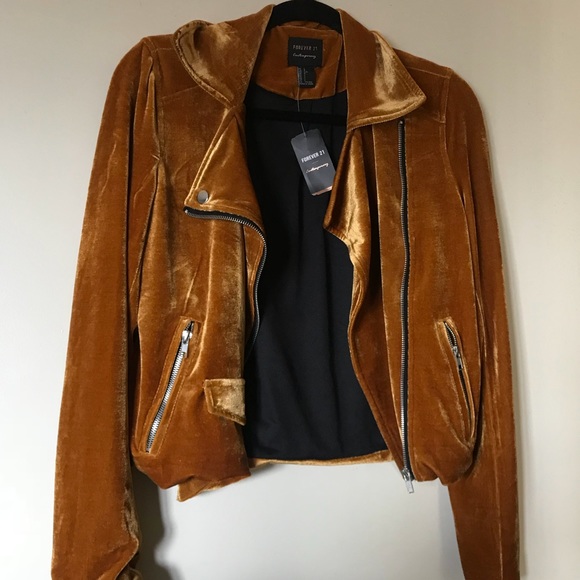 [NEW] F21 Forever21 Yellow Velvet Moto Jacket LRG - Picture 2 of 4